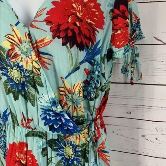 Umgee Woman's Teal Tropical Floral Printed Crossover Romper Short Size Small - Picture 7 of 8